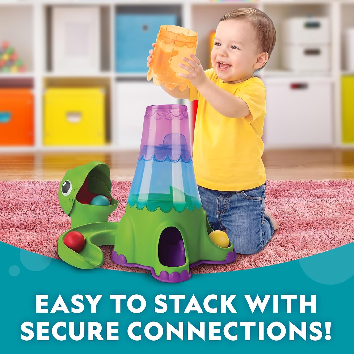 National Geographic Kids Dino Stacking Tower Ball Drop Toy for 1-3+ Year Old Boys and Girls – 2-Foot Tall Dinosaur Ball Drop Tower with Stacking Play, Toddler Cause-and-Effect Toy, Includes 3 Balls