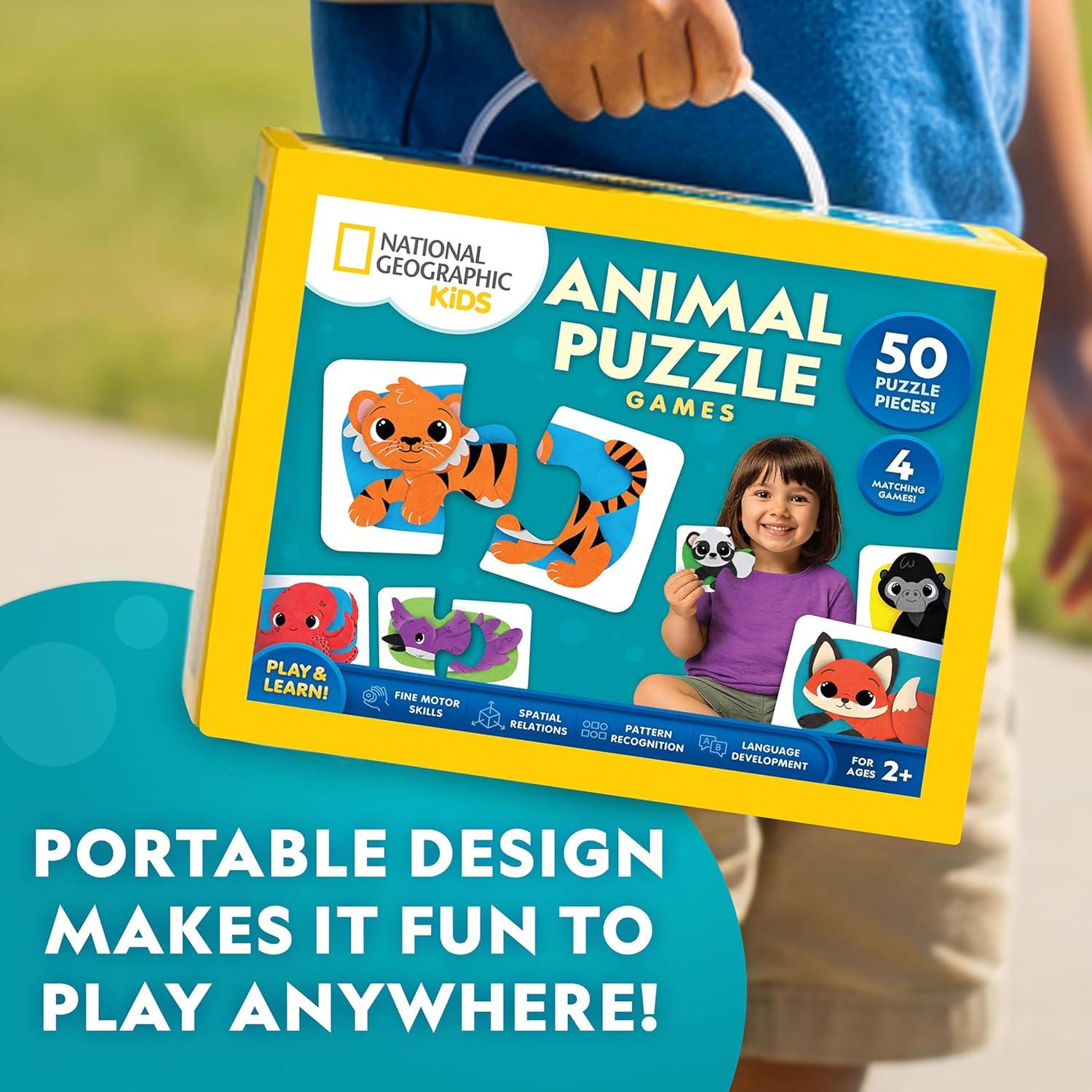 National Geographic Kids Animal Puzzle Games – 50 Matching Puzzle Cards, 4 Educational Matching Games, Portable Early Learning Game Set with Play & Learn Booklet