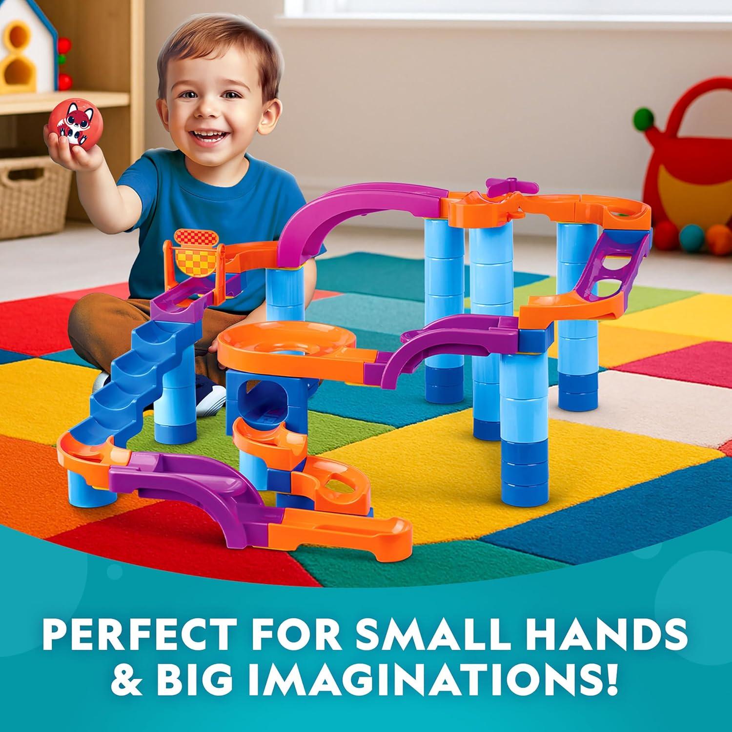 National Geographic Kids Junior Jumbo Marble Run – 80-Piece Ball Drop Toy with Storage Bin, Kid-Safe Balls & Buildable Marble Run Maze for Toddlers & Preschoolers Ages 2+(80-Piece with Storage Tub)