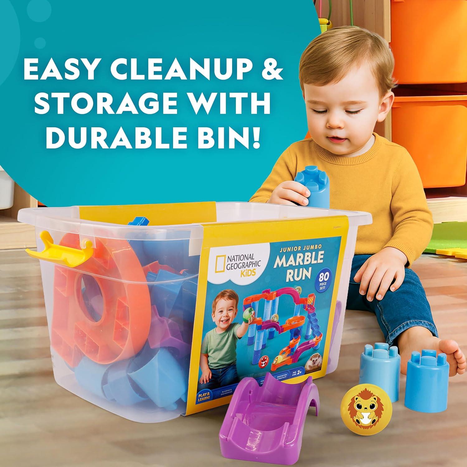 National Geographic Kids Junior Jumbo Marble Run – 80-Piece Ball Drop Toy with Storage Bin, Kid-Safe Balls & Buildable Marble Run Maze for Toddlers & Preschoolers Ages 2+(80-Piece with Storage Tub)