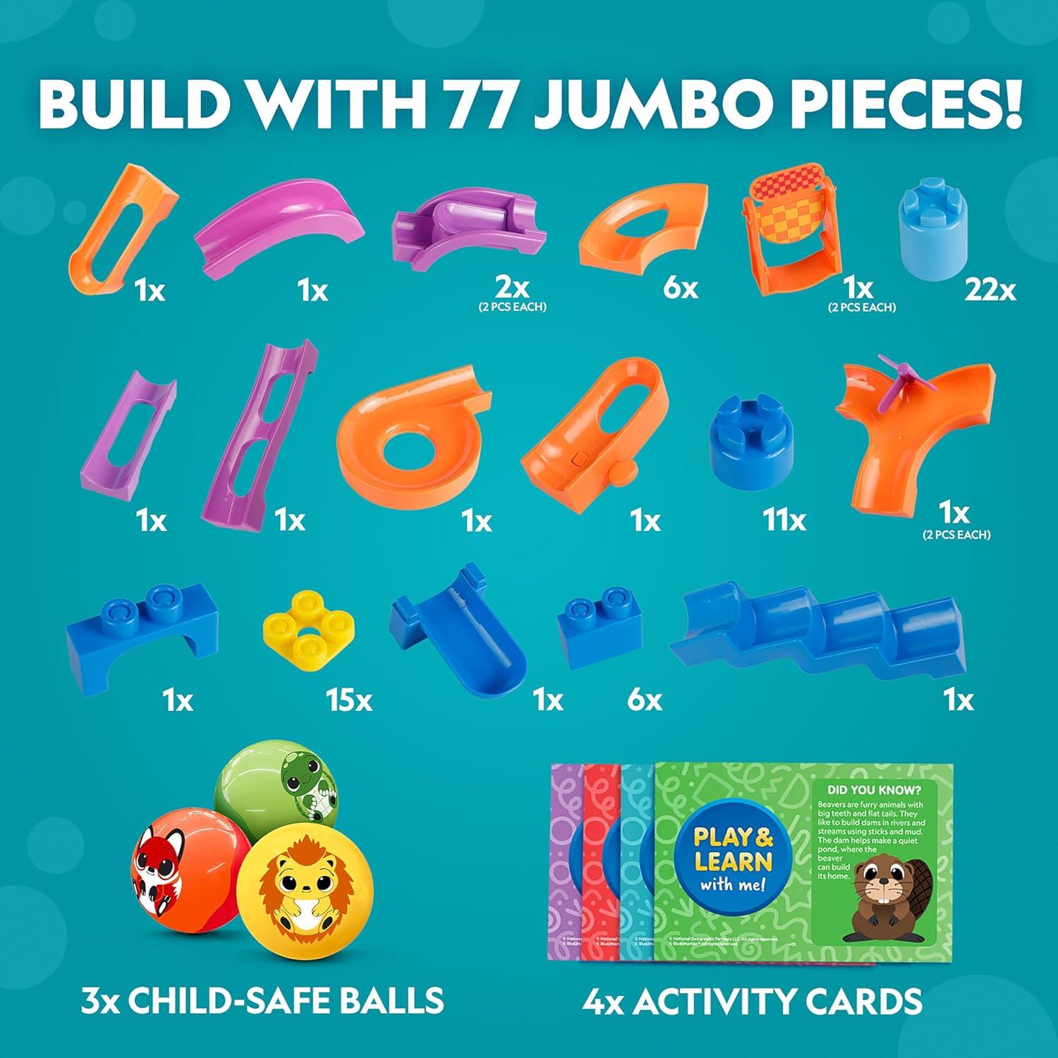 National Geographic Kids Junior Jumbo Marble Run – 80-Piece Ball Drop Toy with Storage Bin, Kid-Safe Balls & Buildable Marble Run Maze for Toddlers & Preschoolers Ages 2+(80-Piece with Storage Tub)