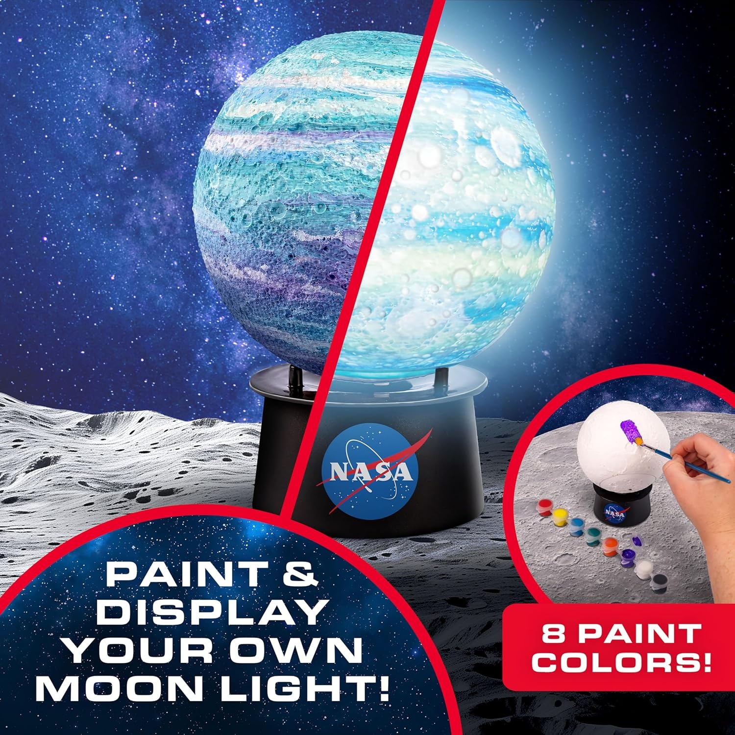 NASA Paint Your Own Moon Lamp with 7 Color Changing Modes for Kids | Touch Control, 7 Color Modes, 8 Paints, 2 Brushes, USB-C Power, Moon Stand, DIY Night Light, Space Room Decor