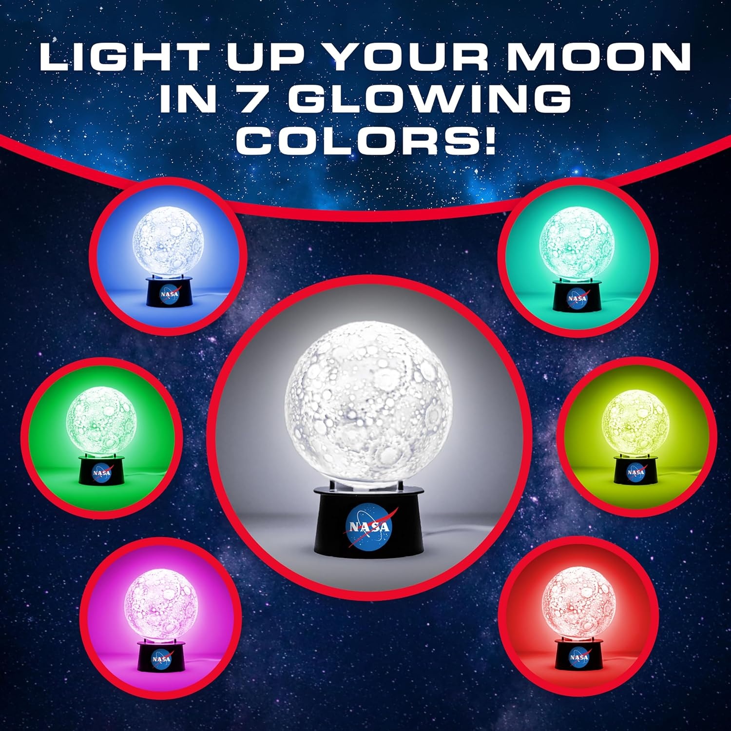 NASA Paint Your Own Moon Lamp with 7 Color Changing Modes for Kids | Touch Control, 7 Color Modes, 8 Paints, 2 Brushes, USB-C Power, Moon Stand, DIY Night Light, Space Room Decor