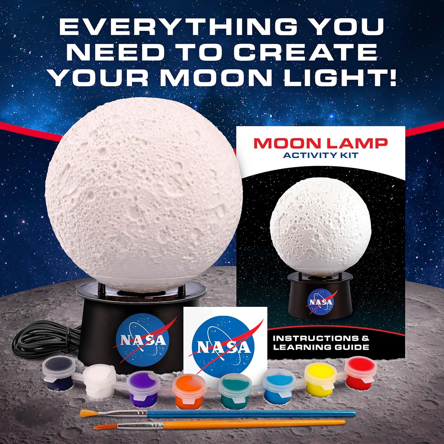 NASA Paint Your Own Moon Lamp with 7 Color Changing Modes for Kids | Touch Control, 7 Color Modes, 8 Paints, 2 Brushes, USB-C Power, Moon Stand, DIY Night Light, Space Room Decor