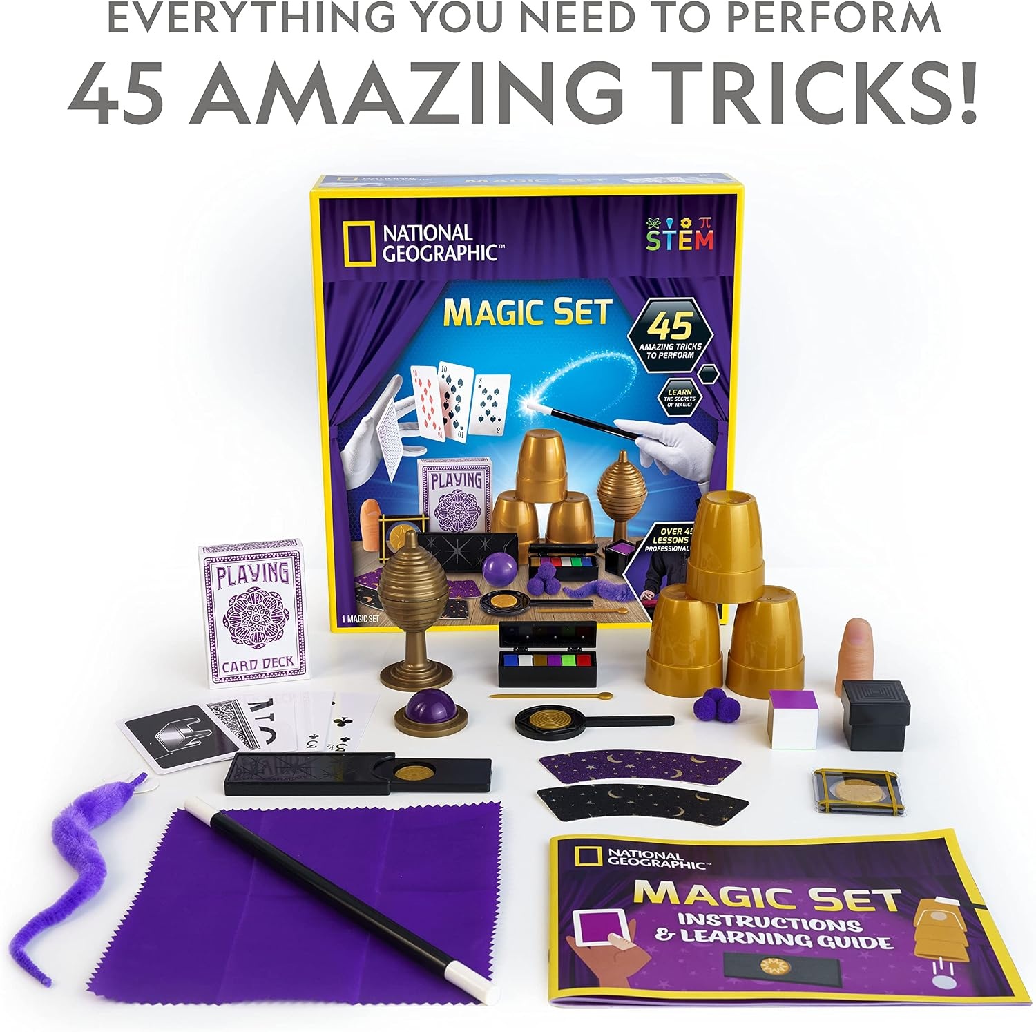 National Geographic Epic Magic Kit with 175+ Tricks for Kids 8-12 | 75+ Illusions, 100+ Science Experiments, 75+ Video Lessons from a Professional Magician, STEM Activities, Birthday Gift(45 Magic Tricks)
