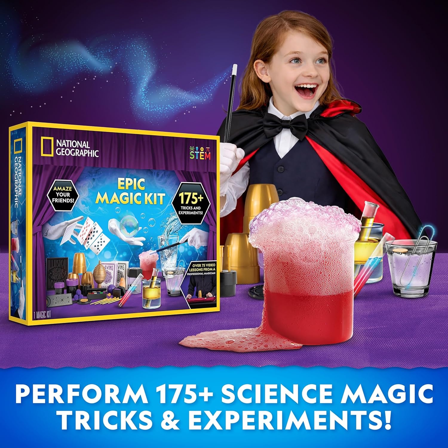 National Geographic Epic Magic Kit with 175+ Tricks for Kids 8-12 | 75+ Illusions, 100+ Science Experiments, 75+ Video Lessons from a Professional Magician, STEM Activities, Birthday Gift(175+ Magic Tricks)