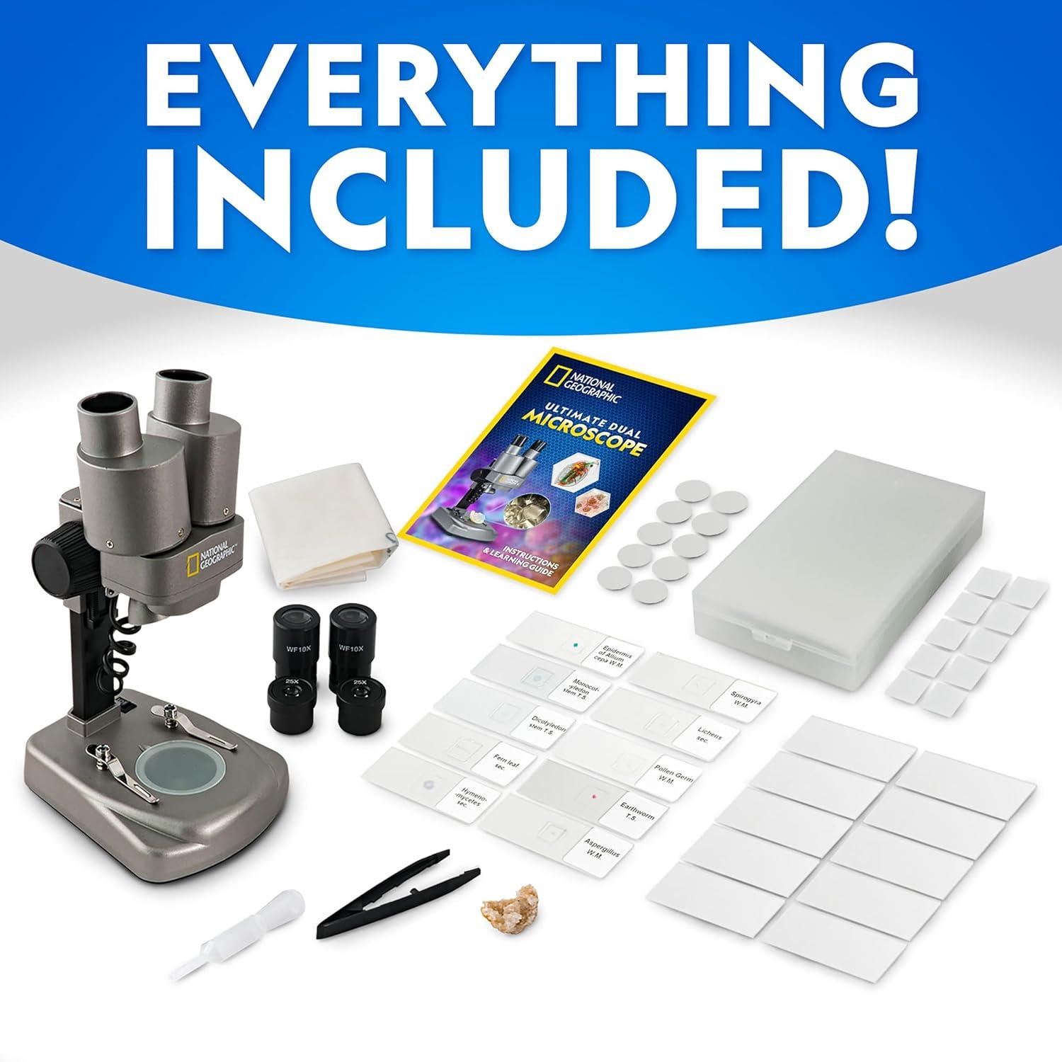 National Geographic Dual LED Kids Microscope – 50+ pc Science Kit with 10 Prepared Slides & 10 DIY Blank Slides, Biology Experiment Activity, Microscope Kit for Kids 8-12 (Amazon Exclusive)(Student Microscope Kit)