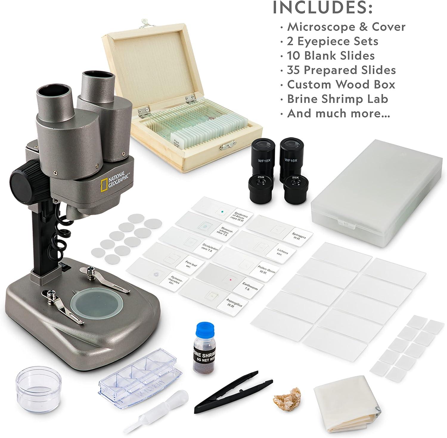National Geographic Dual LED Kids Microscope – 50+ pc Science Kit with 10 Prepared Slides & 10 DIY Blank Slides, Biology Experiment Activity, Microscope Kit for Kids 8-12 (Amazon Exclusive)(Microscope + 45 Slides)