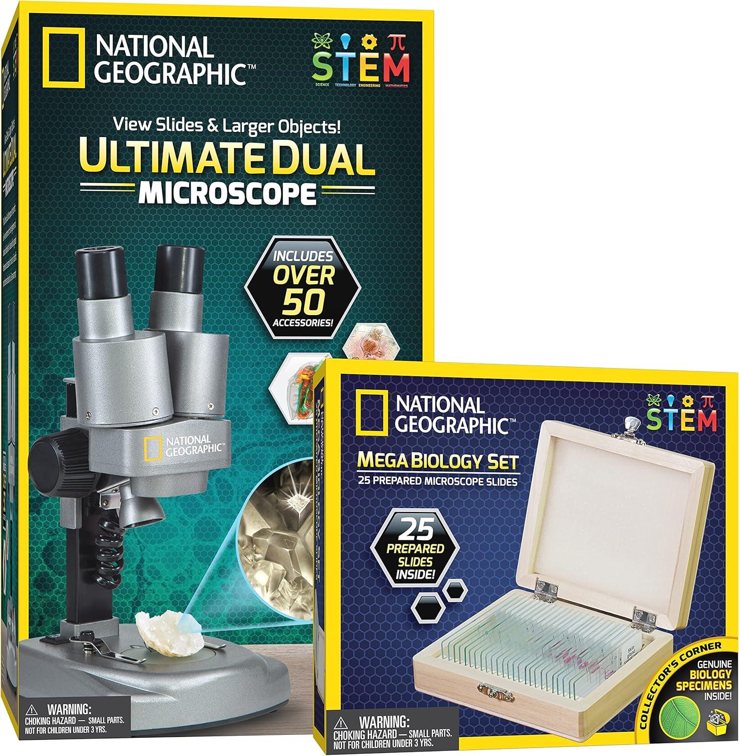National Geographic Dual LED Kids Microscope – 50+ pc Science Kit with 10 Prepared Slides & 10 DIY Blank Slides, Biology Experiment Activity, Microscope Kit for Kids 8-12 (Amazon Exclusive)(Microscope + 45 Slides)