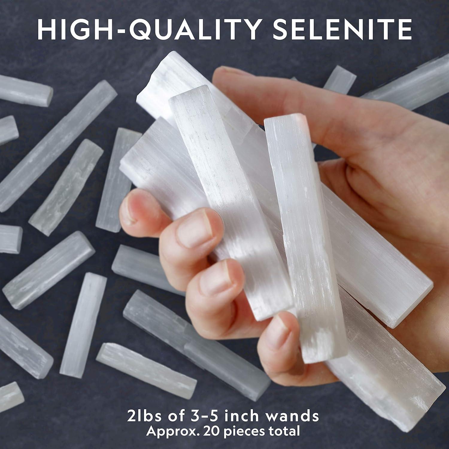 National Geographic Selenite Crystal Set – 2 lbs of Bulk Selenite Wands & 5 Premium Crystals, Rose Quartz, Hematite, Aventurine, Blue Quartz, Raw Crystals, Gemstones
