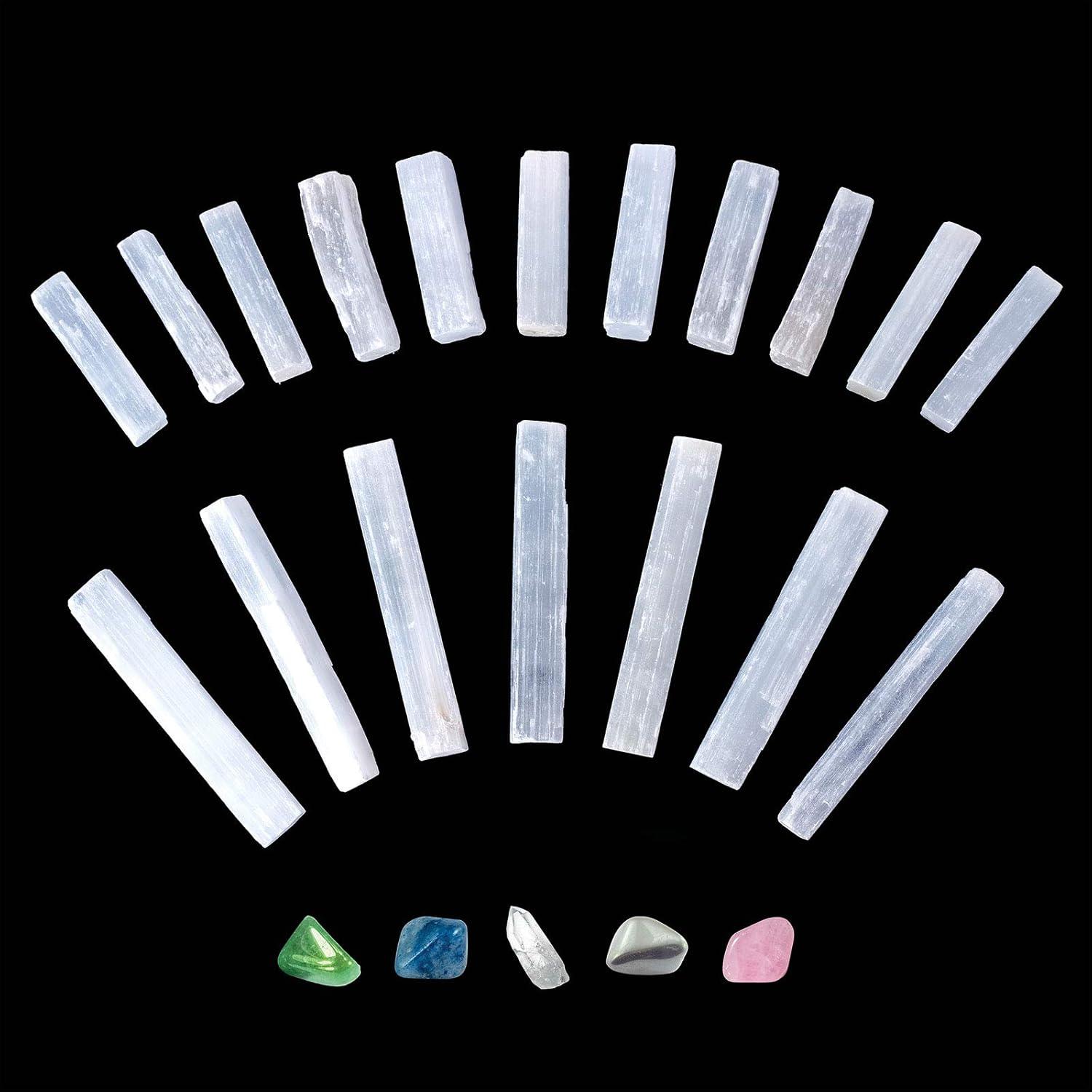 National Geographic Selenite Crystal Set – 2 lbs of Bulk Selenite Wands & 5 Premium Crystals, Rose Quartz, Hematite, Aventurine, Blue Quartz, Raw Crystals, Gemstones