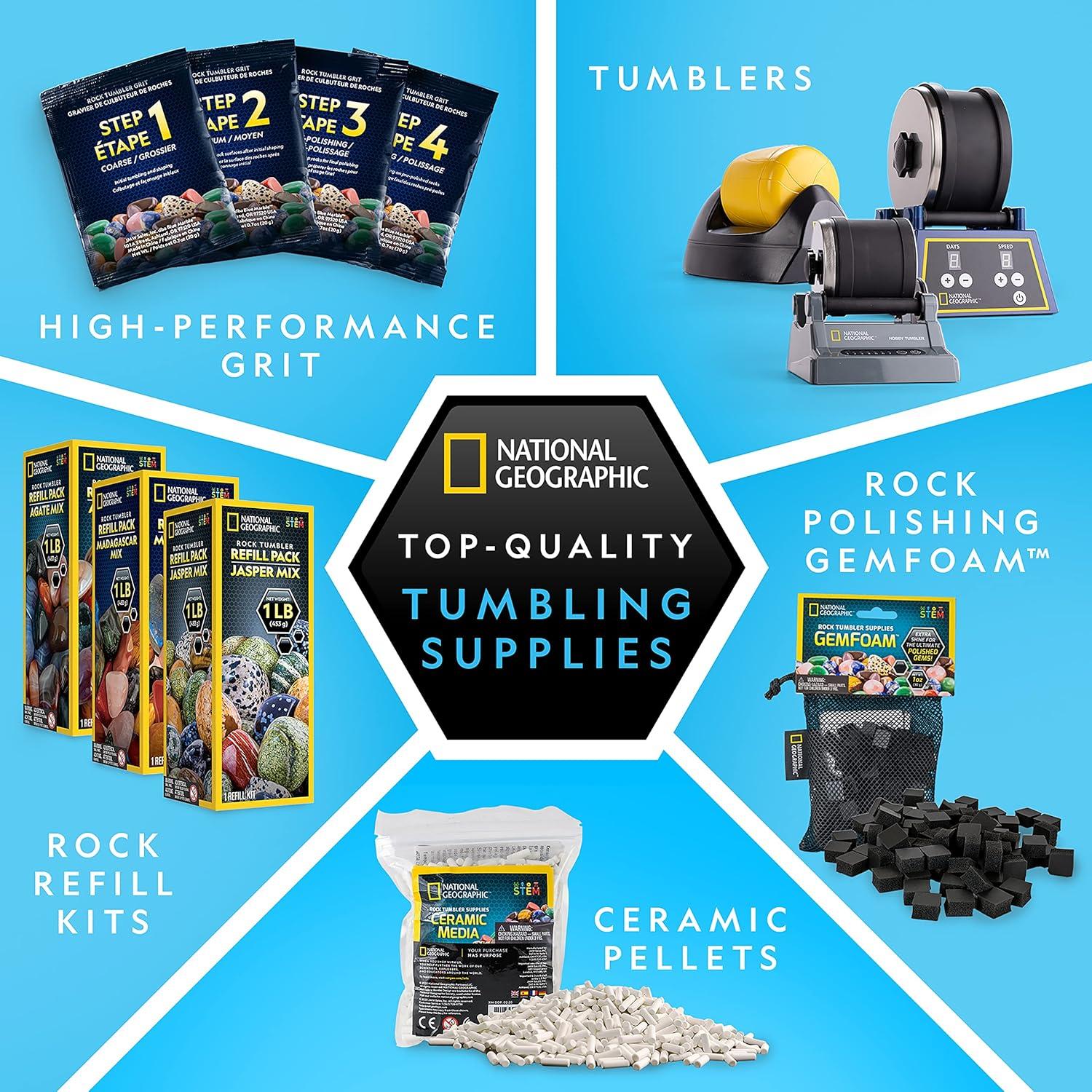 NATIONAL GEOGRAPHIC Rock Tumbler Refill Kit – 1 Lb. Madagascar Rocks for Tumbling with Rose Quartz, Red Jasper, Indigo Gabbro & More – Tumbler Supplies, Rock Polishing Grit and Jewelry Accessories(Madagascar Mix)